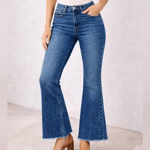 Reformation Cropped Flare Jeans Raw Hem Baltic Blue Size 26 - Picture 1 of 9